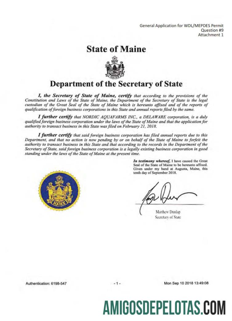 Exemplo de Certificado de Regularidade dos EUA Maine